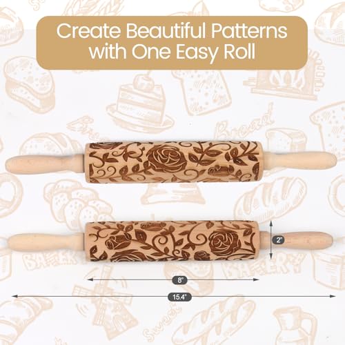 Floral Rose Embossed Rolling Pin for Baking Cookies Embossing Rolling Pins with Design Wooden Engraved Springerle Shortbread Roller Pin Flower Patterned Clay Pottery Ceramic Stamp Mold Bakers Women - color: Floral Rose