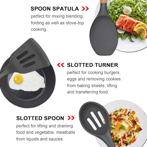 Silicone Cooking Utensils Set 5-Piece Non-Stick Kitchen Utensil Set, Wood Handle Heat Resistant Spatula Spoon Turner Soup Ladle Silicone Cooking Kitchen Gadgets BPA Free for Nonstick Cookware - color: Gray, size: Standard 5-Piece Set
