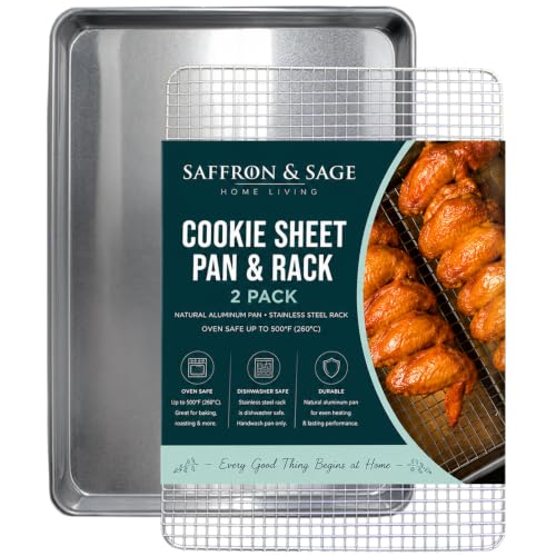 Commercial Quality Cookie Sheet and Rack - Aluminum Half Sheet Baking Pan and Stainless Steel Cooling Rack Set, 13x18 Rimmed Baking & Roasting Tray is Rust & Warp Resistant, Heavy Duty, of Thick Gauge - size: 1 Cookie Sheet & 1 Rack
