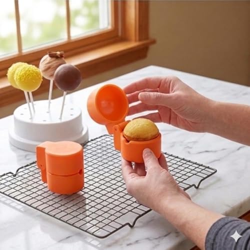 2 PCS Cake Pop Mold Press Set for Sphere, Cake Pop Maker with Cutter and Pusher Tool for Home Baking, Birthday Parties, Wedding Dessert，Cake（Orange）