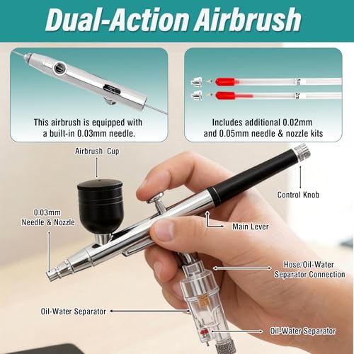 Airbrush Kit with Compressor, Includes 3 Nozzles and Cleaning Kit