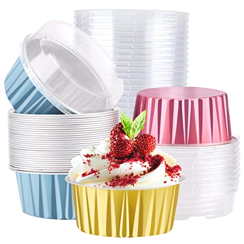 EUSOAR Mini Aluminum Pans with Lids, Pack of 30 Gold Bule Red 5oz Disposable Aluminum Foil Cupcake Liners Ramekins Baking Cups, Dessert Cups with Lids Aluminum Cheesecake Pan Creme Brulee Ramekins - color: 3 Colors Mixed B, size: 30pcs