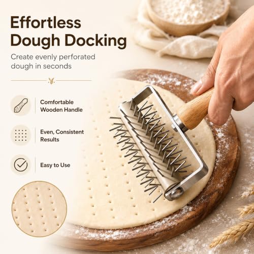 Pizza Dough Docker Pastry Roller Stainless Steel,Pizza Docking Tool - color: Wood
