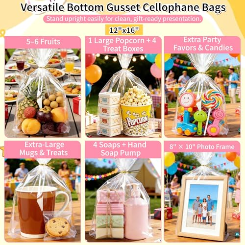 Large Clear Gift Bags 12x16 Inch, 100 Pack Plastic Gusseted Cellophane Bags - color: 12x16 Inch-100 Pcs