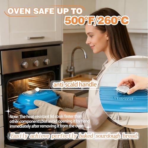 DIY Double Dutch Oven for Sourdough Bread Baking – Enamel Cast Iron Bread Baker with Lid, Bake Two Different Loaves at Once, 500°F Oven Safe, Includes 2×7" Banneton Proofing Baskets - color: Blue