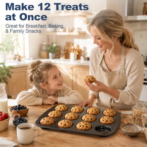 UWILLION Muffin Top Pan, 12 Cavity Nonstick Shallow Cupcake Pan, 3 Inch Carbon Steel Baking Tray, Oven Safe up to 450°F, for Muffin Tops, Eggs, Cornbread, Cookies, Whoopie Pies