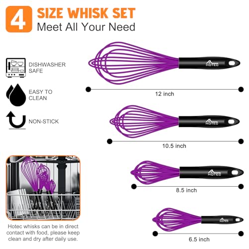 HOTEC 4Pcs Silicone Whisk Set, Wire Balloon Whisks for Cooking Egg Beater - color: Purple