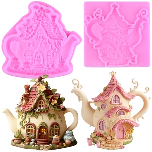 Tea Pot House Silicone Mold Fairy Home Fondant Molds Set Of 2 - color: Style K