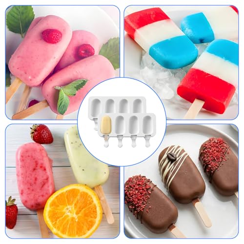 6 Set Cake Pop Mold Kit,4 Cavity White Cakesicle Molds Silicone,Oval Ice Cream Mold Cake Pop Maker Supplies Accessories with 300 Pieces Wooden Sticks for DIY Ice Cream Cakes