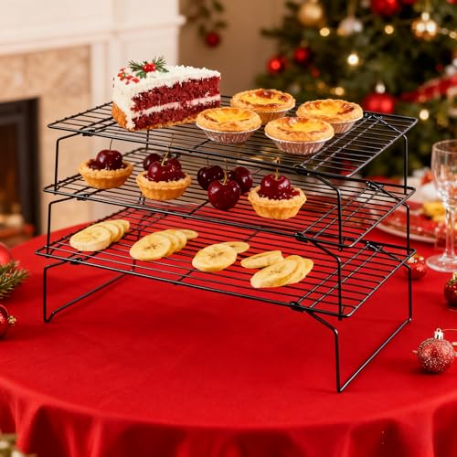 3-Tier Collapsible Cooling Racks, Detachable Wire Cooling Rack Stackable Drying Rack for Cookie Bread Pizza Baking, Fruits, Snacks Perfect for Outdoor Camping - size: 3 Tier