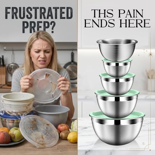 DUTZUN Mixing Bowls with Lids Set, Stainless Steel Mixing Bowl Set with Colander, Strainer with Bowls - Pistachio - size: 9PCS Green
