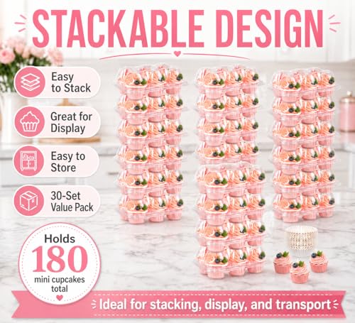 Mini Cupcake Container Boxes Holder - 6 Counts Carrier with 200 Pack Liners
