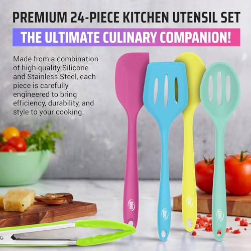 Kaluns 24 Pcs Silicone Cooking Utensils Set - Can Opener, Masher, Turner, Spatula, 446F Heat Resistant, Non-Stick, Premium Silicone & Stainless Steel - color: Mixed Colors