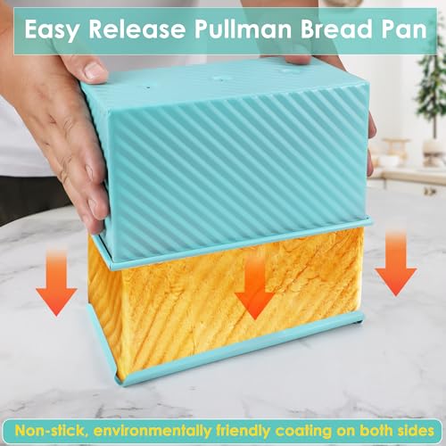 Blue Pullman Loaf Pan with Lid, Sandwich Bread Pullman Loaf Pan, 1LB Dough Capacity Rectangular Bread Pan, Non-Stick Loaf Pan with Dough Scraper Cutter for Sandwich Bread - color: Blue, size: 8.3inch
