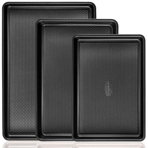 Cookie Sheets for Baking Nonstick - HONGBAKE Baking Sheet Pan Set of 3, Half/Quarter/Jelly Roll Pan for Oven with Diamond Texture Pattern, 57% Thicker Carbon Steel Cookie Trays, Dark Grey - color: Dark Gray (Carbon Steel)