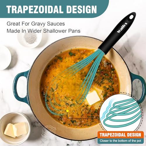 Walfos Silicone whisk,Whisks for Cooking Non Scratch, BPA Free whisk set of 4, 7+9+11in Balloon Whisks & 11in Flat Whisk, Heat Resistant(480°F).Great for Cooking in Pans, Baking, Whisking.Blue - color: 4pcs Blue; 7+9+11in & 11in（flat）