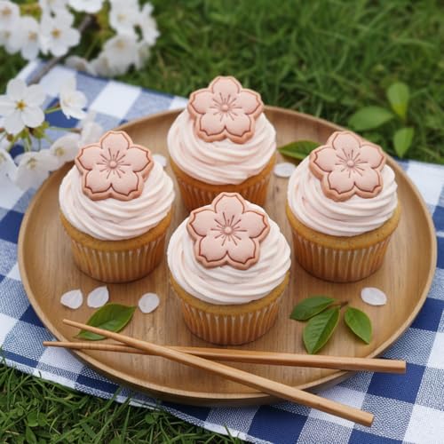 BAKERLOGY Sakura Mini Cookie Cutter & Stamp Set – Cherry Blossom Biscuit Cutter Fondant Embosser for Spring Baking, Garden Tea Party Cookies, Japanese Flower Cupcake Decoration Tool