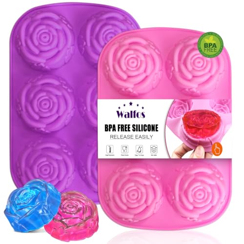 Walfos Rose Ice Cube Mold 2.8 Inch,Soap Mold, Make 12 Cute Flower Shape Ice. BPA Free and Dishwasher Safe.Release Easily.Perfect for Soap Cocktails Juice Whiskey Jelly Chocolate etc.(Set of 2 Pink) - color: Pink+purple/rose