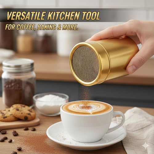 Gold Powder Sugar Shaker Duster with Fine Mesh - 304 Stainless Steel Cinnamon Dispenser for Coffee, Chocolate, Flour, Spices - Screw-On Lid Dredge for Baking (1 Pack) - color: 1 Pack