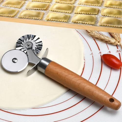 Stainless Steel Double Roller Pastry Wheel Cutter with Long Wooden Handle,Pizza,Ravioli Wheel,Multipurpose Pasta Cutter Wheel for Kitchen