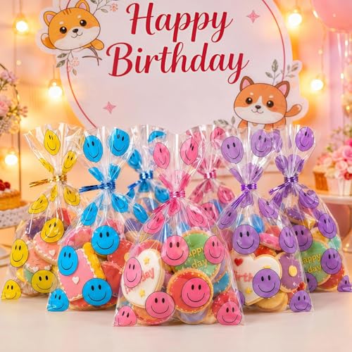Happy Face Cellophane Bags 200 Pack, Goody Bags with Ties, Treat Gift Bags - color: 200Pcs Yellow Red Purple Blue