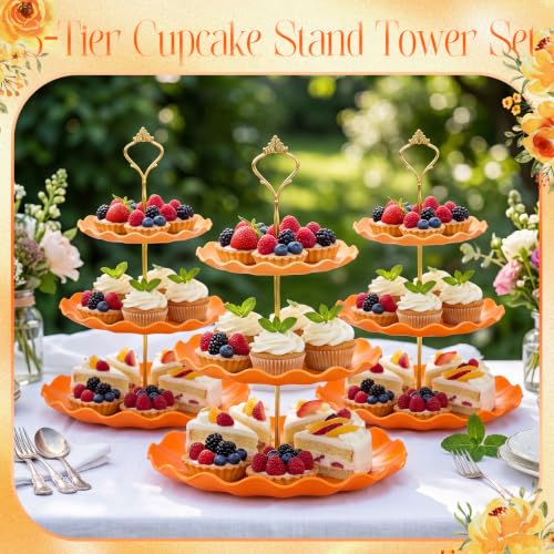 FoldTier 6 Pack Cupcake Stand Set 3 Pcs 3 Tier Gradient Dessert Table Display Stands Cookie Tray Rack 3 X14 in Rectangle Party Trays for Wedding Birthday Tea Party Baby Shower(Orange,Round) - color: Orange, style: Round