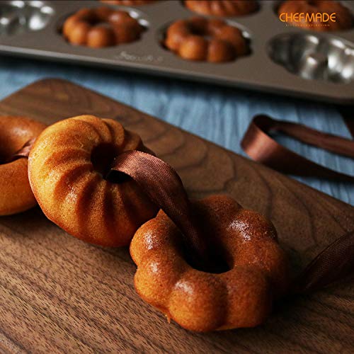 CHEFMADE Donut Mold Cake Pan, 6-Cavity Non-Stick Pattern Doughnut Bakeware for Oven Baking (Champagne Gold) - size: 04 - Fancy 6 Cups
