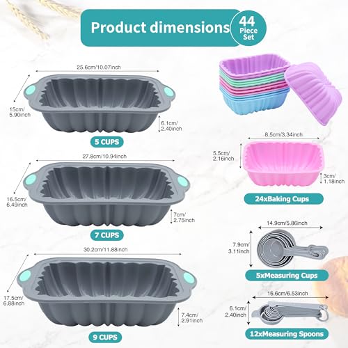 To encounter 44 Pieces Silicone Cake Pan Set, 3 Sizes Silicone Fluted Bread Pan with Reusable Baking Cups, Food Grade Baking Mold for Brownie, Bread, Muffin, Light Grey - size: 44 Pcs Bread Loaf Pan