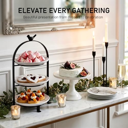 SparkWorks 3 Tiered Cake Stand, Tea Party Serving Platter, Dessert and Cupcake Stand, Metal Tiered Serving Stand Includes Three Premium White Stoneware Plates - size: 8.5 inch