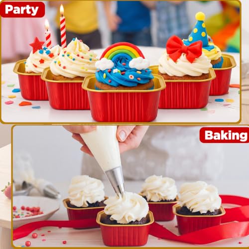 Skylety 100 Pcs 5oz Mini Square Cake Pans with Lids, Red, Gold - color: Red,Gold