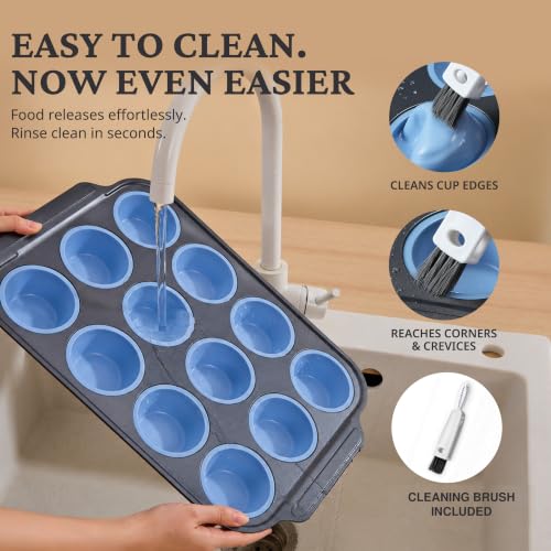 BRONYPRO Silicone Muffin Pans for Baking with Metal Frame, Egg Bite Molds, 12-Cup Regular Size Cupcake Pan, Easy-Release Nonstick Food-Grade Silicone, Cleaning Brush Included, Oven Safe, Blue - color: Blue, size: 12-Cup Standard
