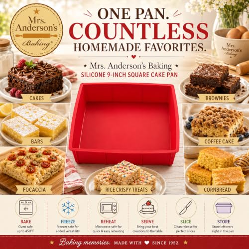 Mrs. Anderson's Baking Silicone 9-Inch Square Cake Pan, BPA Free, Non-Stick European-Grade Silicone, 9 x 9-Inches - size: Square, 9-Inch