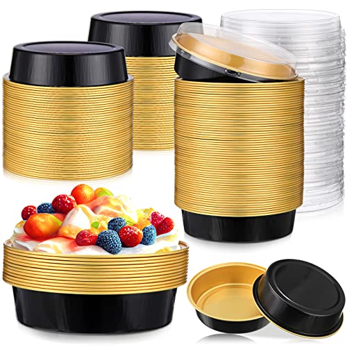 Yinder 120 Pcs 8oz Disposable Mini Pie Pans/tins with Lids Tart Pans, Small Cake Pan Round Containers Aluminum, 4 Inch Mini Cake Pan for Quiche Cheesecake Container Oven Bake Sale(Black Gold) - color: Black/Gold