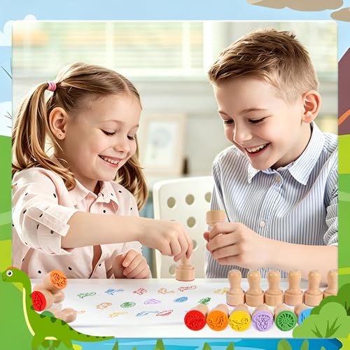 Wooden Dinosaur Stamp Set for Kids, 18 Pcs Dino Stamps Art Projects Supplies Classroom Rewards Birthday Gift Party Favors Carnival Prizes for Boys Girls