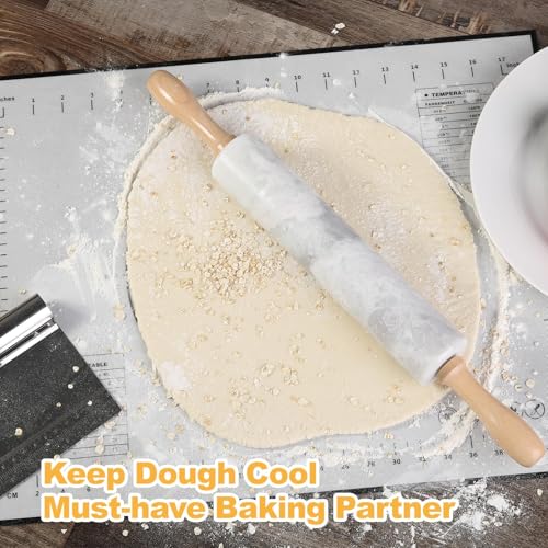 Koville African Natural Marble Rolling Pin, Non-Stick Polished Dough Roller, Pasta, Dumpling, Fondant, Pie Crust, Bread, Pizza Dough, Kitchen Baking Pastry Tools with Mat/Scraper(Grigio Fantasy) - color: White and Grey Marble with Pastry Mat