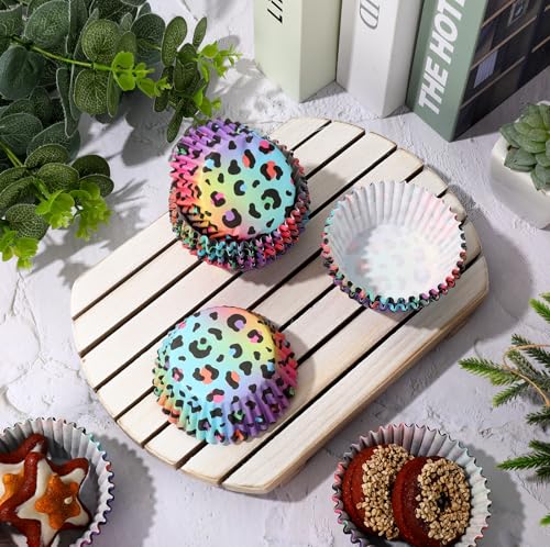 Whaline 300Pcs Leopard Print Cupcake Liner Neon Animal Spot Paper Baking Cups Rainbow Muffin Wrappers Cake Storage Container for Party DIY Crafts, 2 x 1.2 Inch - style: Neon Leopard