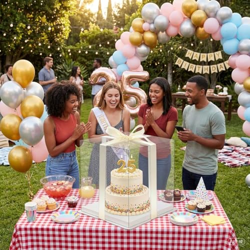14x14x12 Clear PET Cake Boxes 30 Bulk Pack with Food-Grade Base & 6 Rolls Just For You Satin Ribbon, Wholesale Extra Tall Carrier for Bakeries, Large Multi-Tier Wedding Cakes & Gift Packaging - size: 14 inch