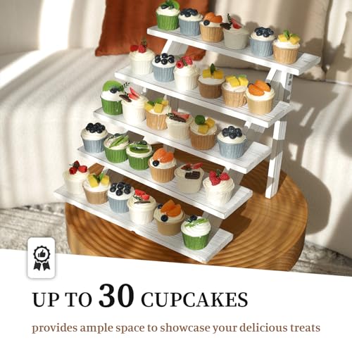 SwallowLiving 5 Tier Wooden Rustic Cupcake Stand for 30 Cupcakes, Stepped Wood Display Stand for Weddings, Tiered Party Table Display Riser for Food , Dessert, Cookie, Decor, Craft Show, White - color: White | 5-tier