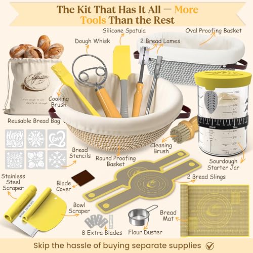 Sourdough Starter Kit with Cotton Rope Banneton Basket & Jar for Beginners