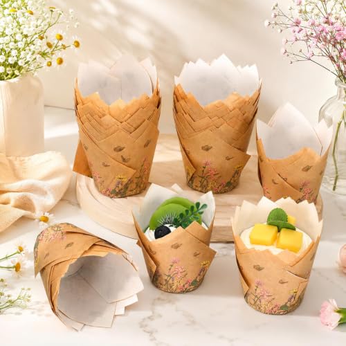 Whaline 100Pcs Wildflower Tulip Cupcake Liner, Colorful Floral Muffin Liner