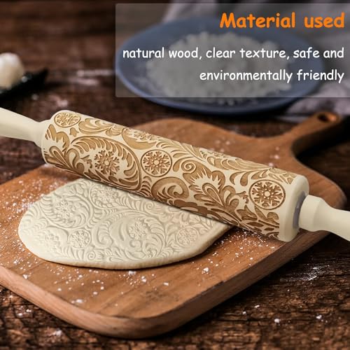 Embossed Wooden Rolling Pin, Embossing Rolling Pin for Baking Fondant, Pizza, Pie, Pastry, Pasta, Dough, Cookies, Suitable Christmas, Father and Mother's Gift - size: Snowflake 13.8'' x 1.96''