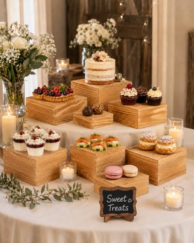 8 Pack Wooden Buffet Risers for Food Display, 8 Mini Sign