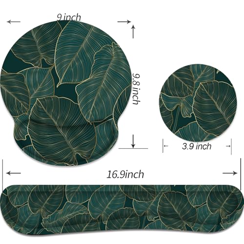 Ergonomic Mouse Pad with Wrist Rest and Keyboard Wrist Rest, Mousepad - color: Green Palm Leaf