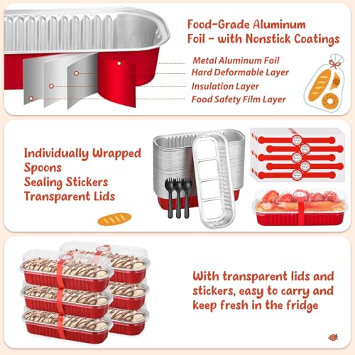 selizo 60 Pack 6.8oz Mini Loaf Baking Cake Pans with Lids, Rectangle Disposable Aluminum Foil Loaf Baking Pans, Small Baking Cake Tins Cup Cake Containers for Individual Cakes - color: Red