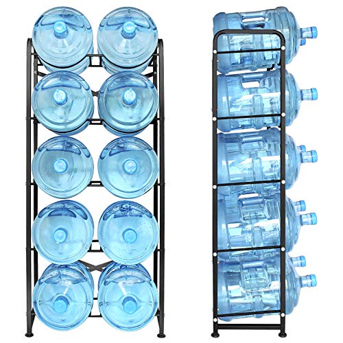 5 Gallon Water Bottle Holder for 10 Bottles, 5 Tiers Heavy-Duty Water Cooler Jug Rack with Reinforcement Frame for Kitchen Office, Black - color: Black