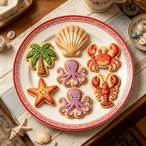 6Pcs Summer Ocean Animal Cookie Cutters Stamp 3D Crab Octopus Seashell Starfish Palm Tree Crawfish Cookie Cutter Shapes Plastic Cookies Molds for Baking Cute Fondant Cutters Beach Cookies Mold