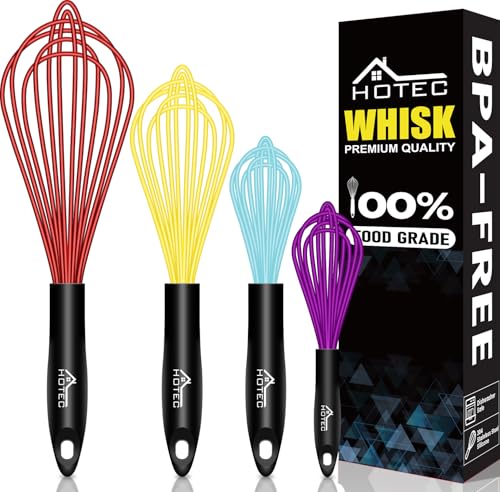 HOTEC 4Pcs Silicone Whisk Set, Wire Balloon Whisks for Cooking Egg Beater - color: Red,Yellow,Blue,Purple