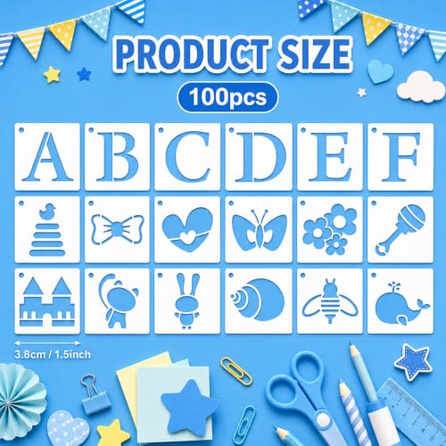 Stencils Set for Baby Shower Blocks,1.5" Small Letter & Icon Stencils - color: 100 Pcs Shower