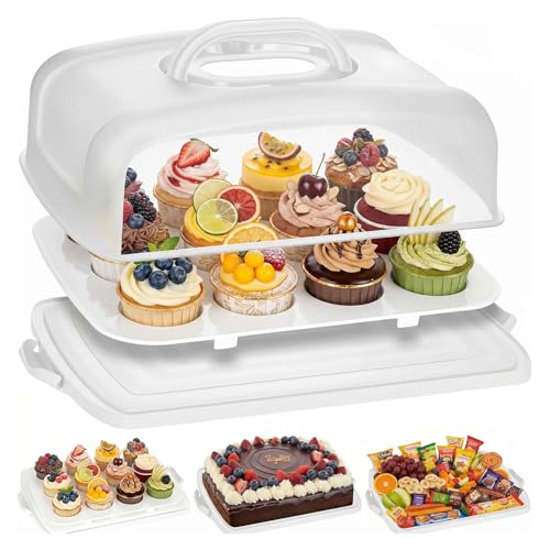 VGOODALL Cake Carrier, 12 Capacity Large Cupcake Holder, 3-in-1 Rectangular Cake Containers for Pies Muffin Candies Fruits Snacks, Dessert Storage Box for Parties, Picnics, Baking(14.8×10.9×3.1) - color: White