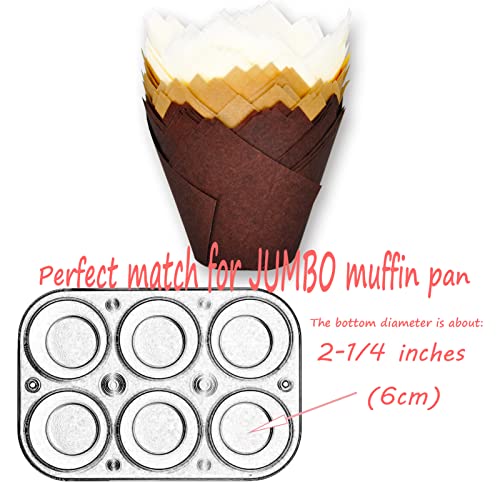 (JUMBO EXTRA LARGE size) Natural+Brown+White Tulip Baking Cups 2-1/4"(Base diameter) x 3-3/4"(Wall height) Greaseproof paper baking cupcake Muffin liners, Case of 130 pcs - color: Jumbo Brown&White&Natural